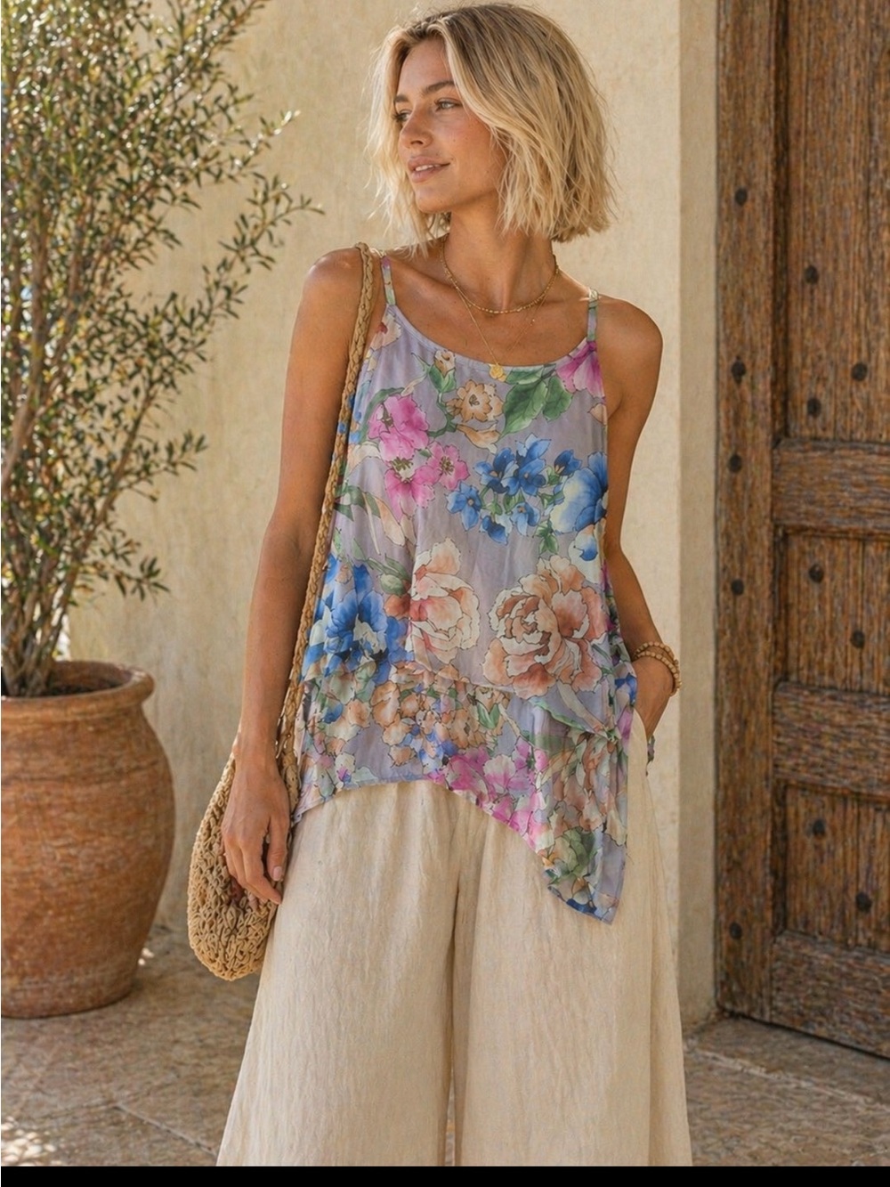 LARA silk Multi Floral Asymmetric floral print top